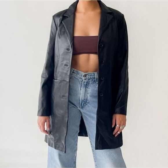 Vintage Black Leather Long Line Midi Length Button Front Duster Jacket Coat S - Picture 3 of 13